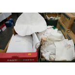 Three boxes of linen, sheets, tablecloths,