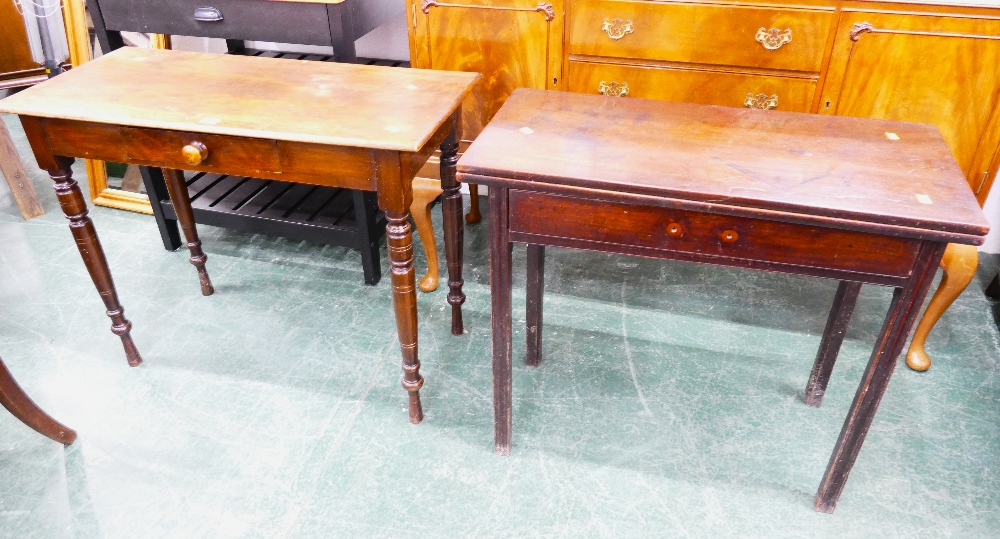 Late 19th century mahogany single drawer hall/side table and similar mahogany turnover top table