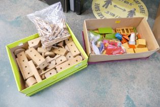 Two boxes of wooden construction toys