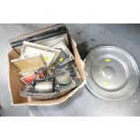 Box of plated ware, pewter plate, picture frames,