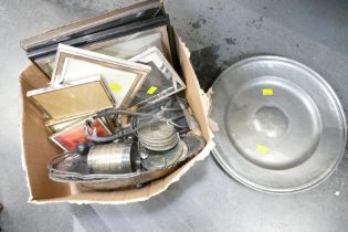 Box of plated ware, pewter plate, picture frames,