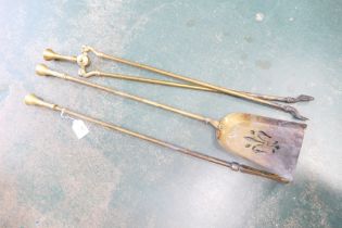 Brass fire irons, tongs,