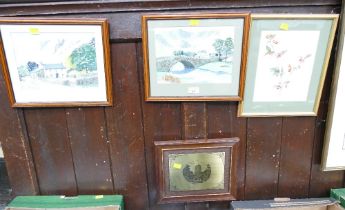 Copper plaque of Windermere Parish Church and three watercolours, two Lake District,