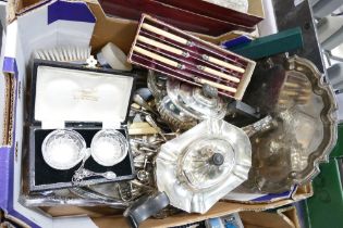 Box of plated teapot, cutlery,
