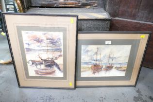 Two watercolours of boats at anchor and in harbour