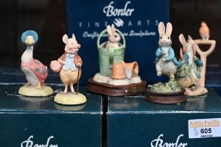 Five Border Fine Arts Beatrix Potter figures in original boxes, Jemima Puddle Duck, Pigling Bland,