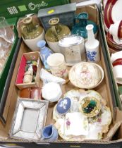 Box of vintage buttons, Wedgwood Jasperware vase, cabinet pieces,