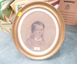 Chalk boy portrait in oval gilt frame