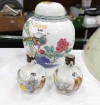 Chinese ginger jar decorated with a pheasant, height 15 cm, and pair of Oriental vases,