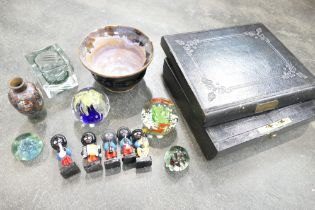 Box of Victorian leather writing slope (AF), paperweights, cloisonne vase,