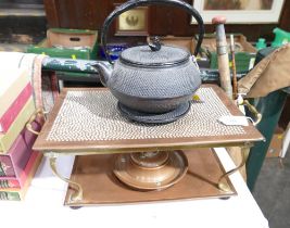 Japanese cast iron teapot with stand and Deco brass and copper warming tray