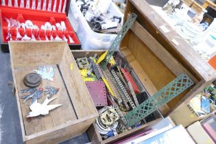 Vintage Guernsey tomato crate and box of Meccano