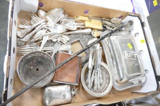 Box of silver plate, flatware, wine coaster,