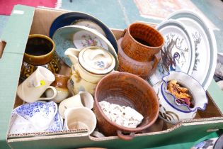 Two Portmeirion decorative plates, Studio Pottery vases, cups and saucers,