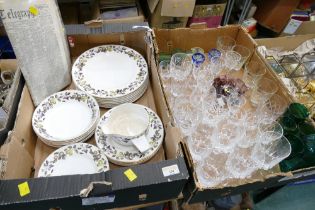 Mid Winter china tea and dinner plates and box of glassware, green glass hock glasses,