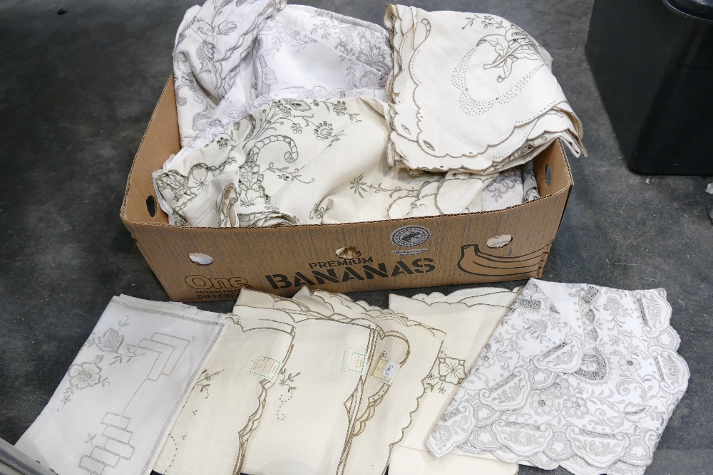 Box of linen cutwork tablecloths etc