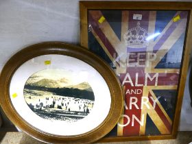 "Keep Calm and Carry On" framed poster and oval picture of ice skating