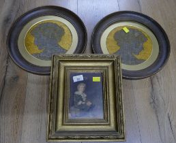 Vintage picture and pair of round tapestries depicting classical silhouettes,