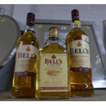 Three bottles of Bells Scotch Whisky, 1L,