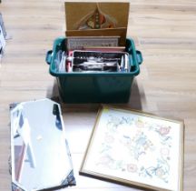 Box of pictures, prints, mirror, embroidery, cutlery,