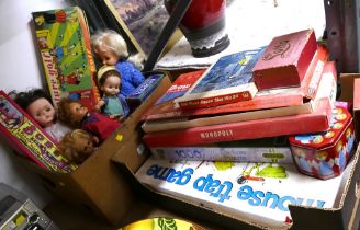 Two boxes of vintage dolls and board games including Spirograph,