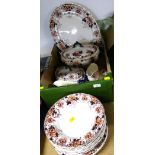 Box of Kendal Late Mayers polychrome floral pattern dinnerware, tureens, ashettes, gravy boats,