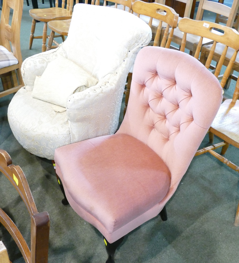 Pink upholstered deep button back nursing chair and mid/late 19th century armchair
