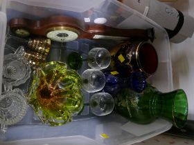 Box of coloured glassware, vases, glasses,