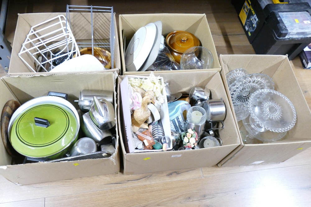 Five boxes of glassware, cookware, kitchenware,