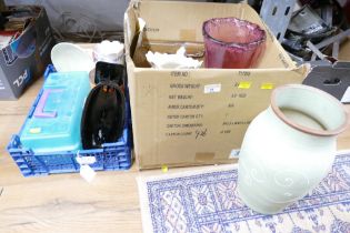 Two boxes of jugs, vases, glassware, scales,