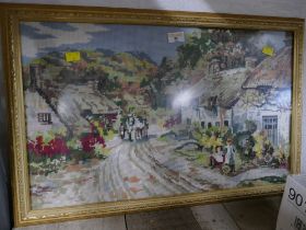 Framed tapestry picture of rural village