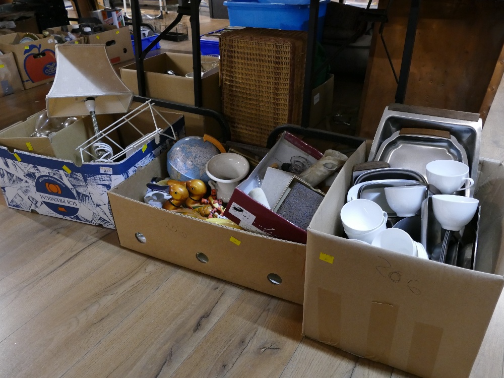 Three boxes of stainless steel, glassware, ornaments, globe,