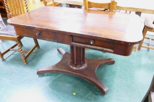 Victorian mahogany two drawer table on pedestal base