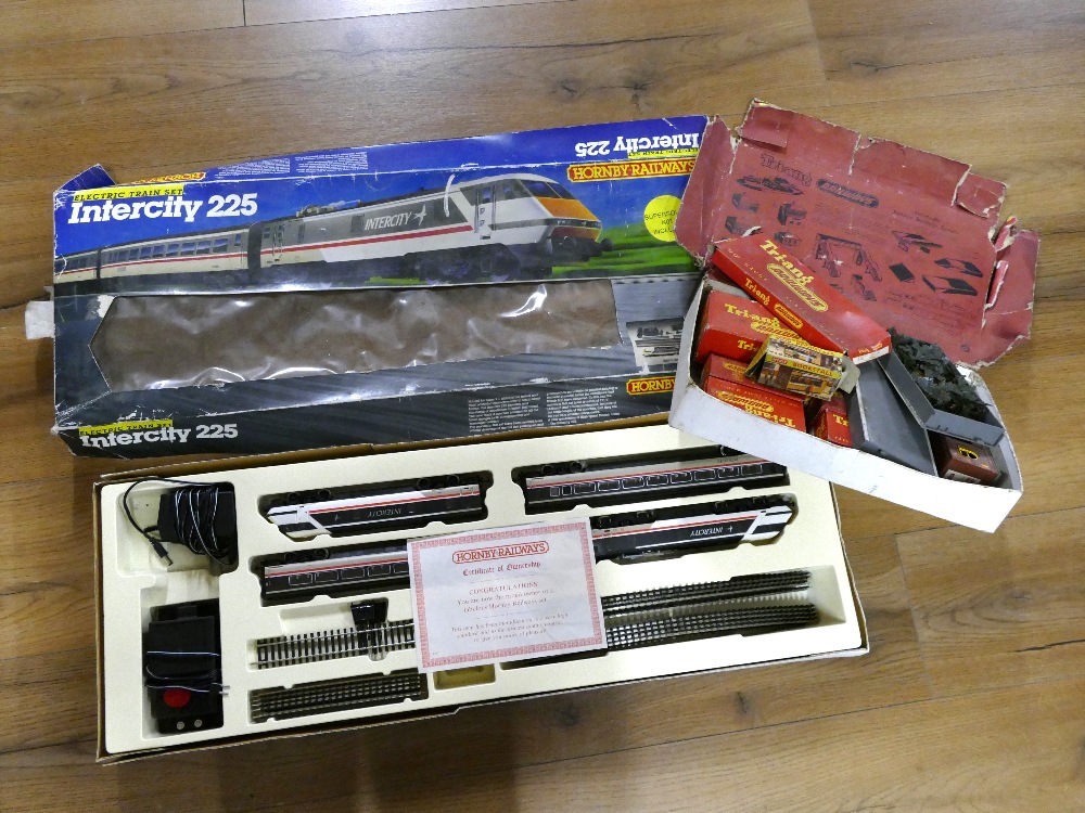 Boxed Hornby Intercity 225 set and Triang box containing Triang boxed wagons, trackside buildings,