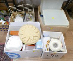 Four boxes of plastic storage containers, kitchenware, blender,
