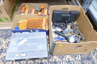 Four boxes of hand tools, drill bits, nails,