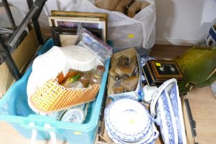Two boxes of blue and white china, pictures, lamp shades,