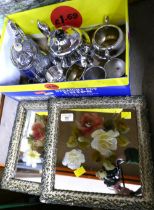 Stainless steel tea set and pair of floral painted mirrors,