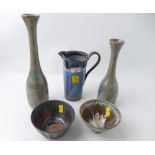 Five pieces of Studio Pottery, vases,