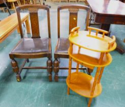 Two oak chairs and telephone table