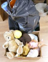 Two boxes of Teddies and soft toys, bags,