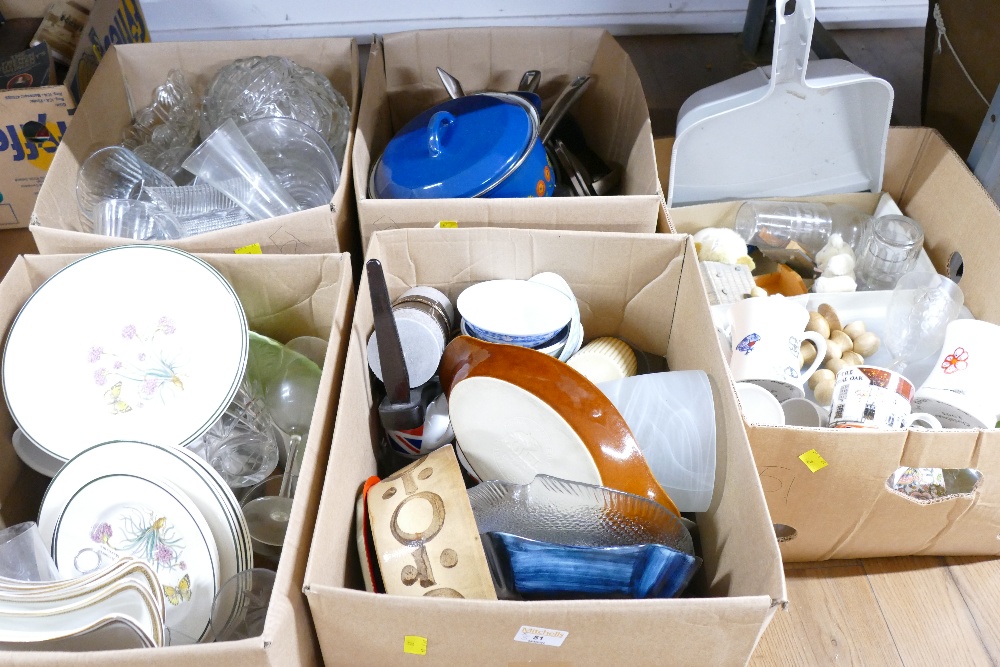 Five boxes of glassware, china, cookware,
