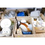 Five boxes of glassware, china, cookware,