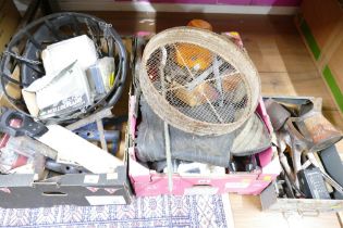 Three boxes of vintage tools, hanging baskets,