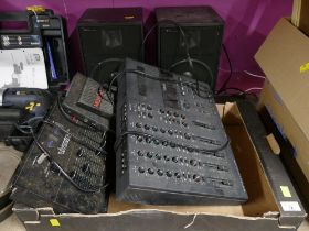 Box of vintage sound mixing equipment including Yamaha MT4X multi-track cassette recorder and pair