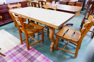 Vintage Spanish pigged legged solid walnut dining table and chairs, table height 76 cm,