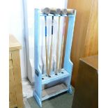 Croquet set in blue painted wooden stand,