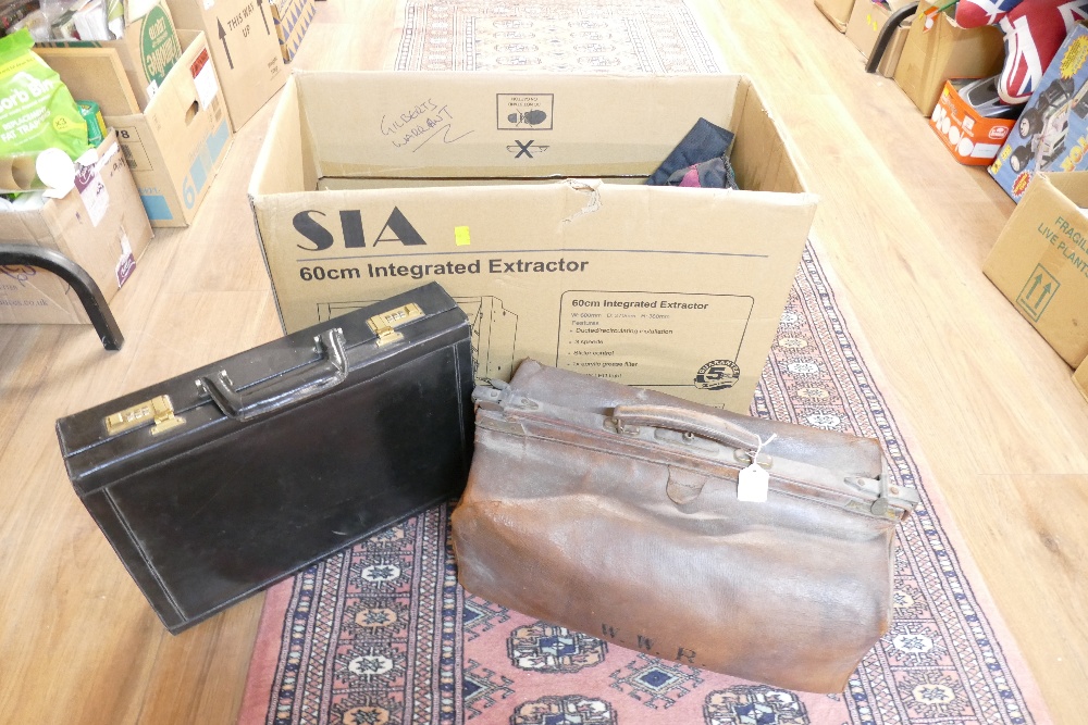 Antique leather bag stamped WWR and box of briefcases,