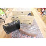 Antique leather bag stamped WWR and box of briefcases,