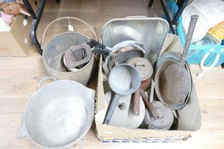 Box of vintage cooking pans, cast iron cooking pot,